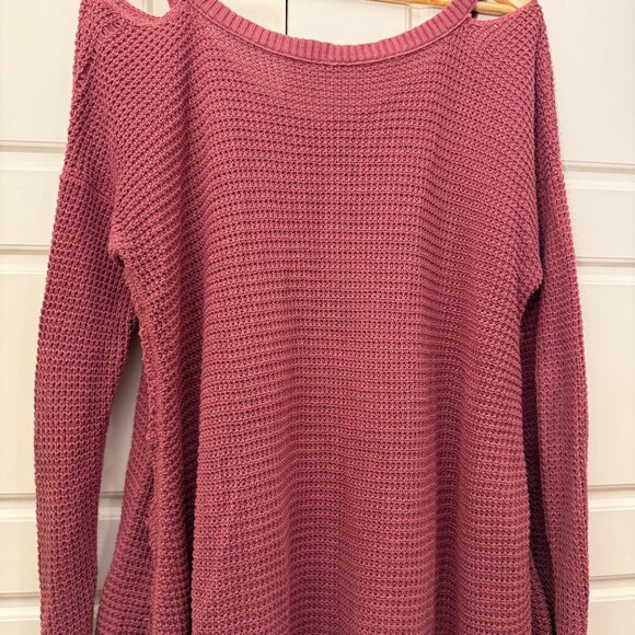 Free People Moonshine Tunic Top Waffle Knit Cotton Dusty Rose Cold Shoulder Sz L - Picture 6 of 7